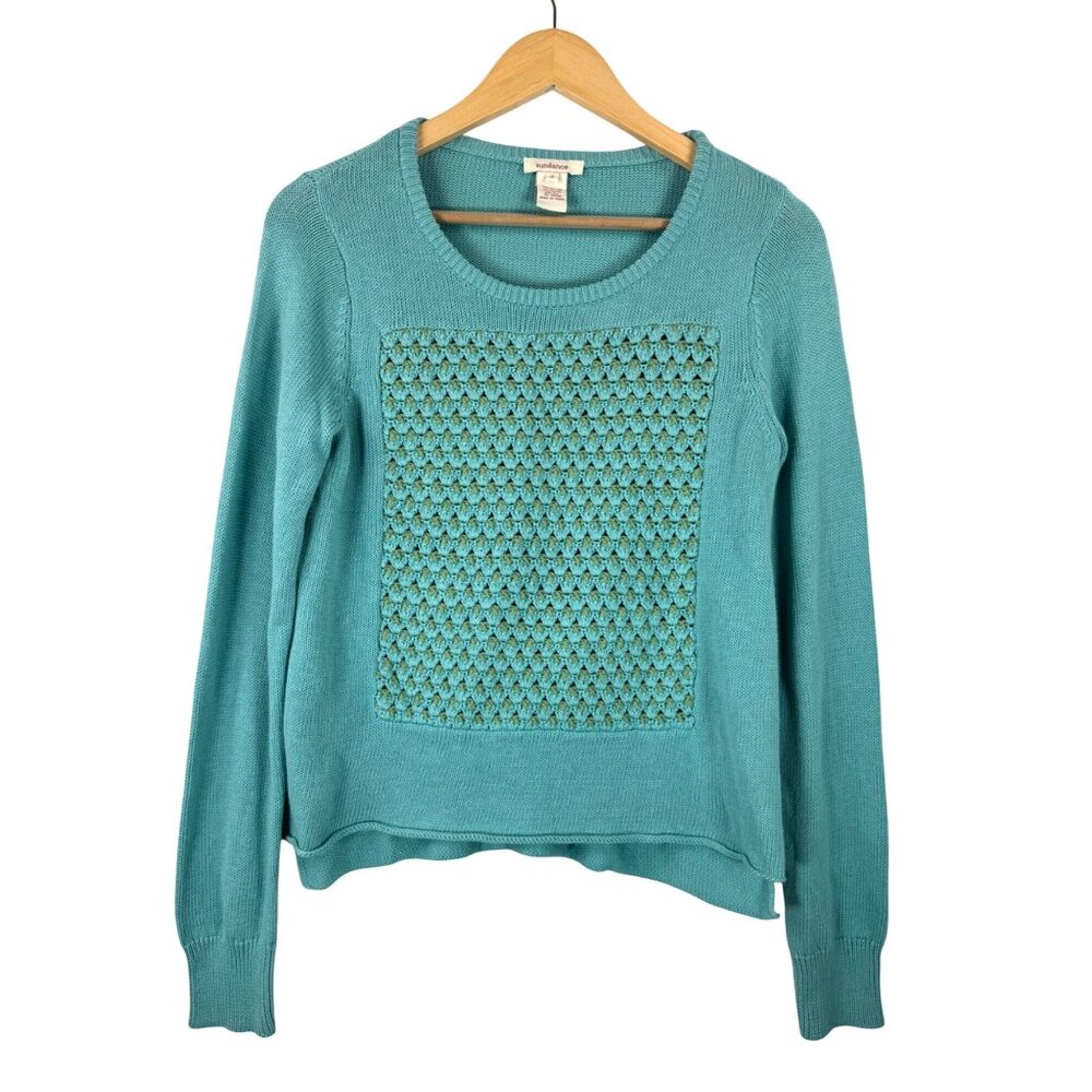Sundance silk blend crochet knit boho sweater teal classic money sz s